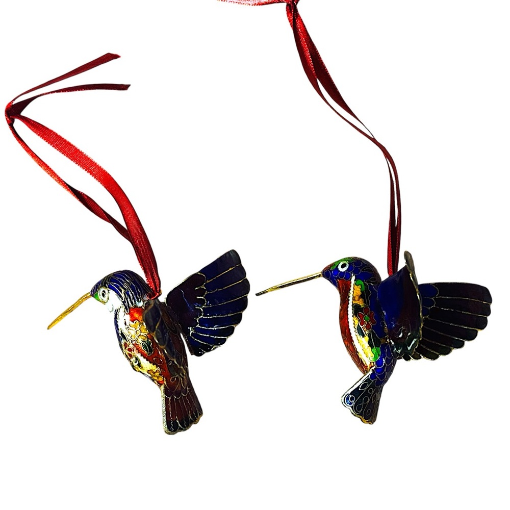 Cloisonné 1980’s 2 Enameled Hummingbirds w/Floral & Butterfly Details Ornaments